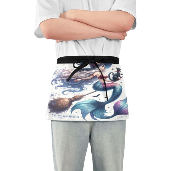 Server Apron with 3 Pockets Waterproof Waitress Waist Short Apron for Man Woman Mermaid Witch Flying on Broom 12 Inches