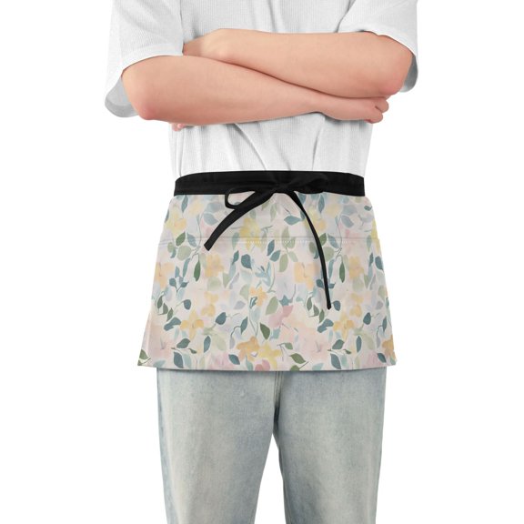 Server Apron with 3 Pockets Waterproof Waitress Waist Short Apron for Man Woman Pastel Colors Flower and Leaf 12 Inches