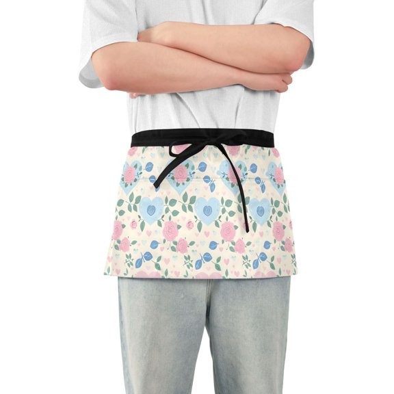 Server Apron with 3 Pockets Waterproof Waitress Waist Short Apron for Man Woman Pastel Hearts and Roses 12 Inches