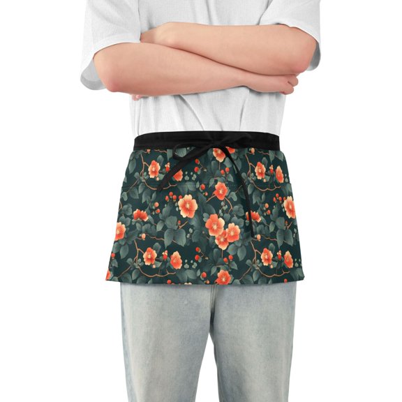 Server Apron with 3 Pockets Waterproof Waitress Waist Short Apron for Man Woman Red Flower and Green Leaf 12 Inches