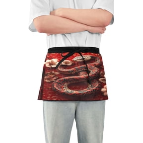 Server Apron with 3 Pockets Waterproof Waitress Waist Short Apron for Man Woman Red Snake Lanterns Plum Blossoms 12 Inches