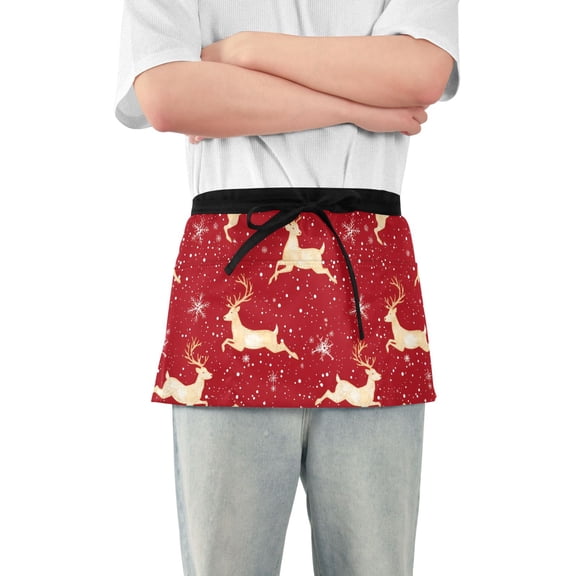 Server Apron with 3 Pockets Waterproof Waitress Waist Short Apron for Man Woman Reindeer in Winter 12 Inches