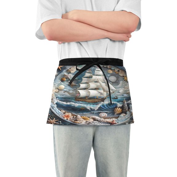 Server Apron with 3 Pockets Waterproof Waitress Waist Short Apron for Man Woman Ship on Sea and Shell 12 Inches