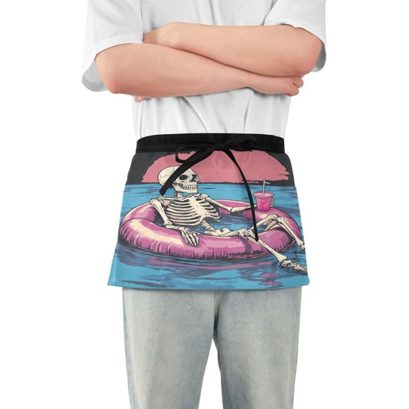 Server Apron with 3 Pockets Waterproof Waitress Waist Short Apron for Man Woman Skeleton Relaxing on Swimming Ring 12 Inches