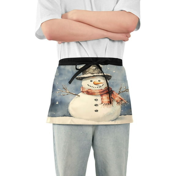 Server Apron with 3 Pockets Waterproof Waitress Waist Short Apron for Man Woman Snowman with Scarf Wrap in Hat 12 Inches