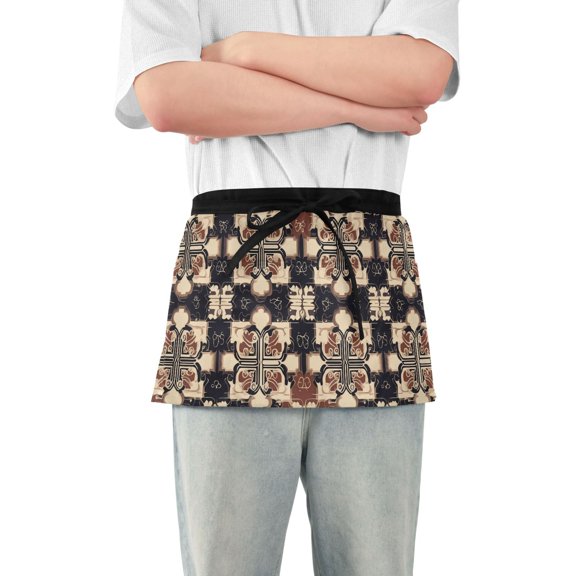 Server Apron with 3 Pockets Waterproof Waitress Waist Short Apron for Man Woman Traditional Chinese Geometric Patterns 12 Inches