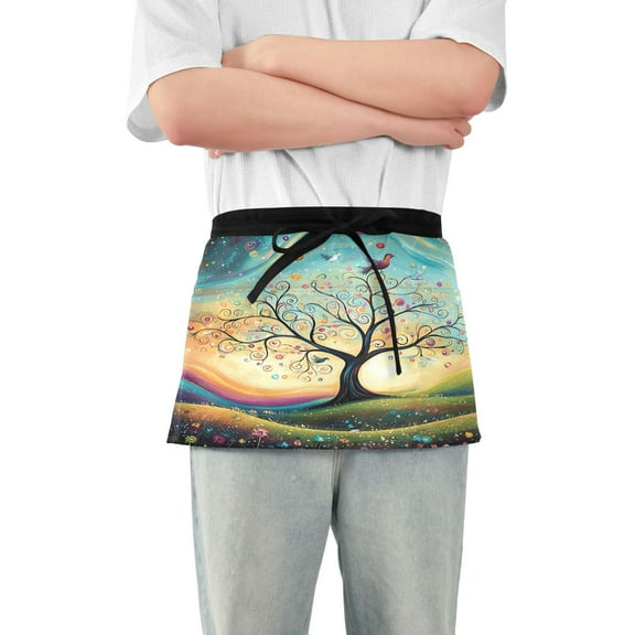 Server Apron with 3 Pockets Waterproof Waitress Waist Short Apron for Man Woman Whimsical Tree with Swirling Branches 12 Inches