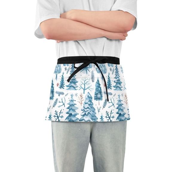 Server Apron with 3 Pockets Waterproof Waitress Waist Short Apron for Man Woman Winter Tree Plants 12 Inches