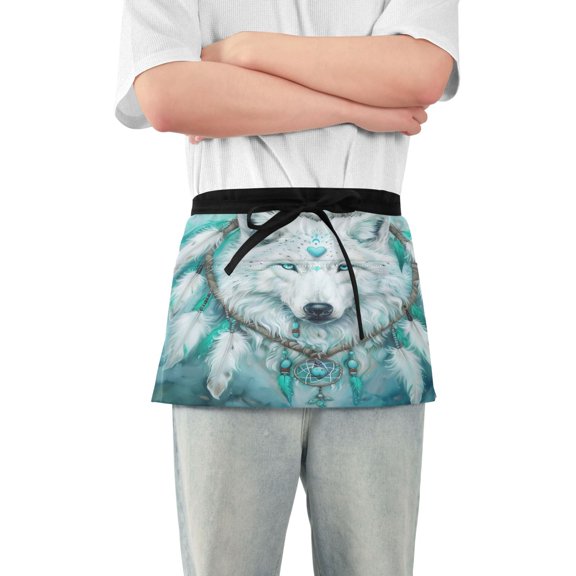Server Apron with 3 Pockets Waterproof Waitress Waist Short Apron for Man Woman Wolf with Heart Ring 12 Inches
