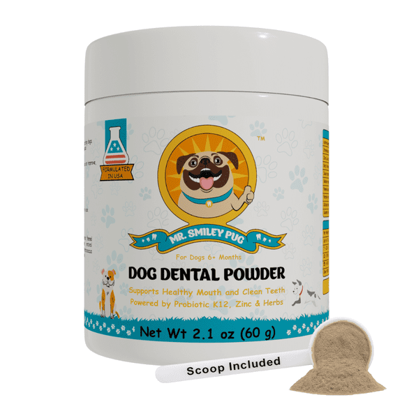 Mr. Smiley Pug Dog Dental Powder Oral Care for Dogs Fresh Breath, Tartar Control & Gum Support Probiotic, Zinc & Herb Blend Jar 60 G