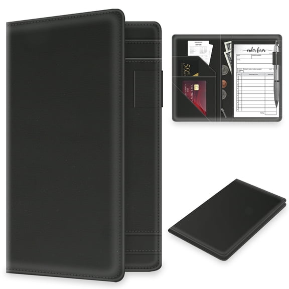 Server Book Organizer with Zipper Pocket for Waitress, Cute Waiter Server Wallet, Booklet Restaurant Waitstaff Organizer, Serving Guest Check Book Holder Money Pocket Fits Server Apron, Black