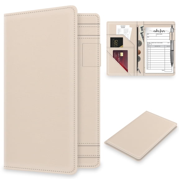 Server Book Organizer with Zipper Pocket for Waitress, Cute Waiter Server Wallet, Booklet Restaurant Waitstaff Organizer, Serving Guest Check Book Holder Money Pocket Fits Server Apron, Beige