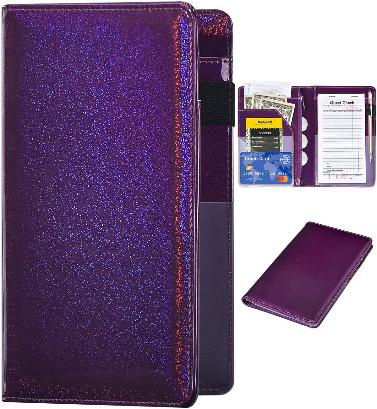 PU Leather Waitress Book Server Wallet With Zipper - 7 Pocket Organizer For Restaurant Staff, American Flag Design