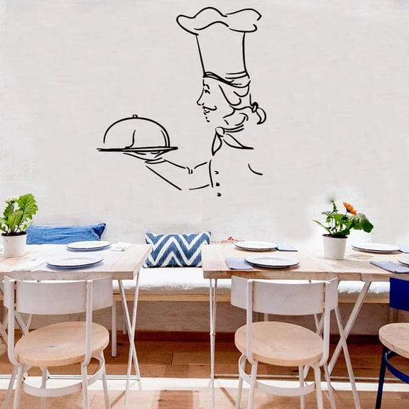 Server Man With A Tray Cook Chef Wall Sticker Kitchen Cafe Interior Wall Decals Home Decor Living Room Removable Decoration 44x39cm
