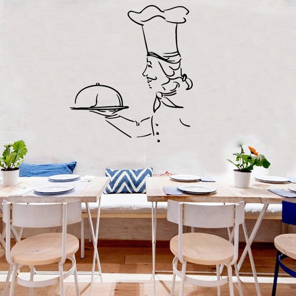 Server Man With A Tray Cook Chef Wall Sticker Kitchen Cafe Interior Wall Decals Home Decor Living Room Removable Decoration 60x55cm