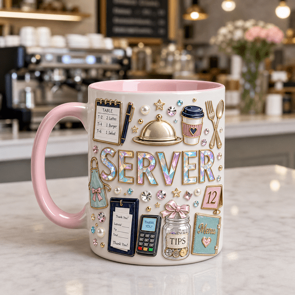 Server Mug 3D Effect Restaurant Worker Gift, Cute Waitress Coffee Mug