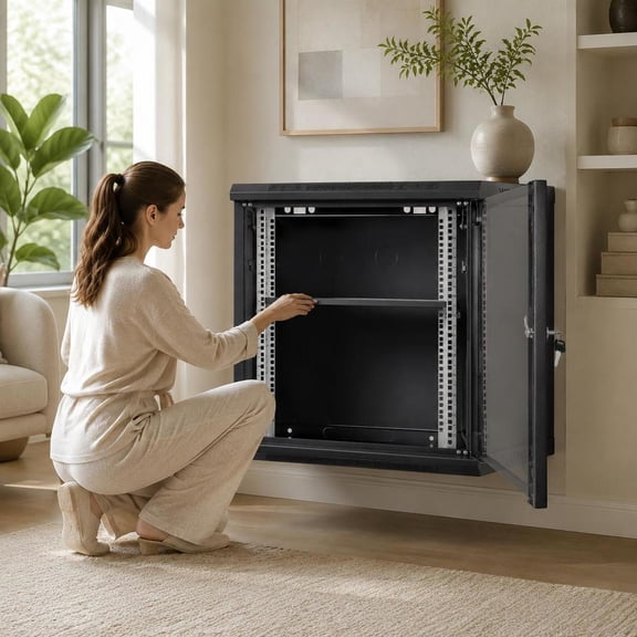 Server Network Cabinet, 9U Wall Mounted, 15.5 in Depth, Lockable Glass Door, Side Panels, 19 in Rack, Black