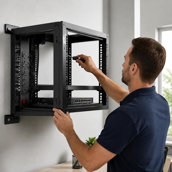 Server Network Rack, 9U Wall Mount, Open Frame, Carbon Steel Construction, 19 Inch Mounting Width, Black Finish