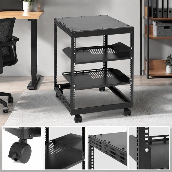 Server Rack, 12U Open Frame, Adjustable Depth 23-40 in, 19 in Standard Width, Black, Free Standing or Wall Mount