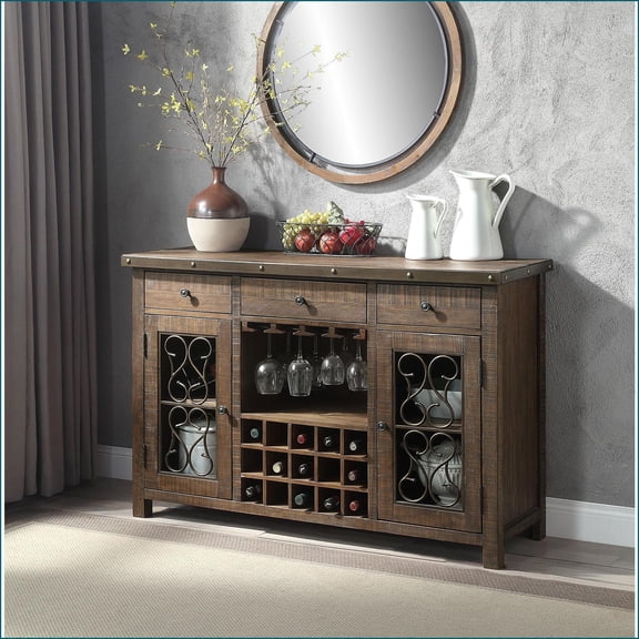 Server, Rustic Weathered Cherry with 15-Bottle Wine Rack & 4-Cup Holder | Synthetic Wood | Durable Synthetic