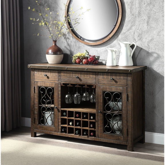 Server with Weathered Cherry Look, Cup Holder & Two-Door Storage / Practical for Entertainers