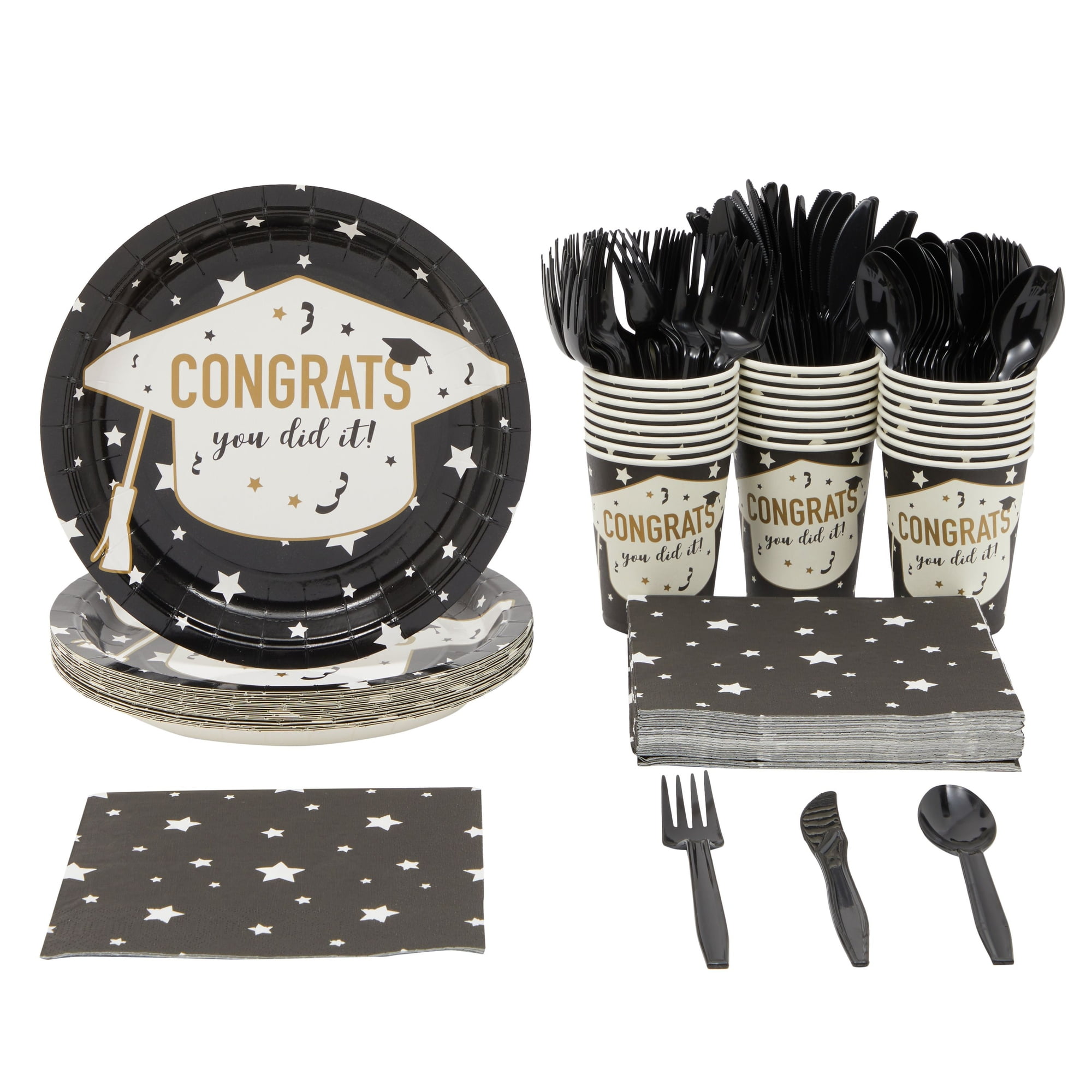 Black and White Graduation Party Supplies Set with Gold Accents
