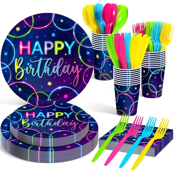 Serves 24 Guests Neon Happy Birthday Party Plates and Napkins Neon Glow Birthday Tableware Set Let's Glow Party Decorations for Kids Included Cups Knives Forks Spoons Total 168 Pcs