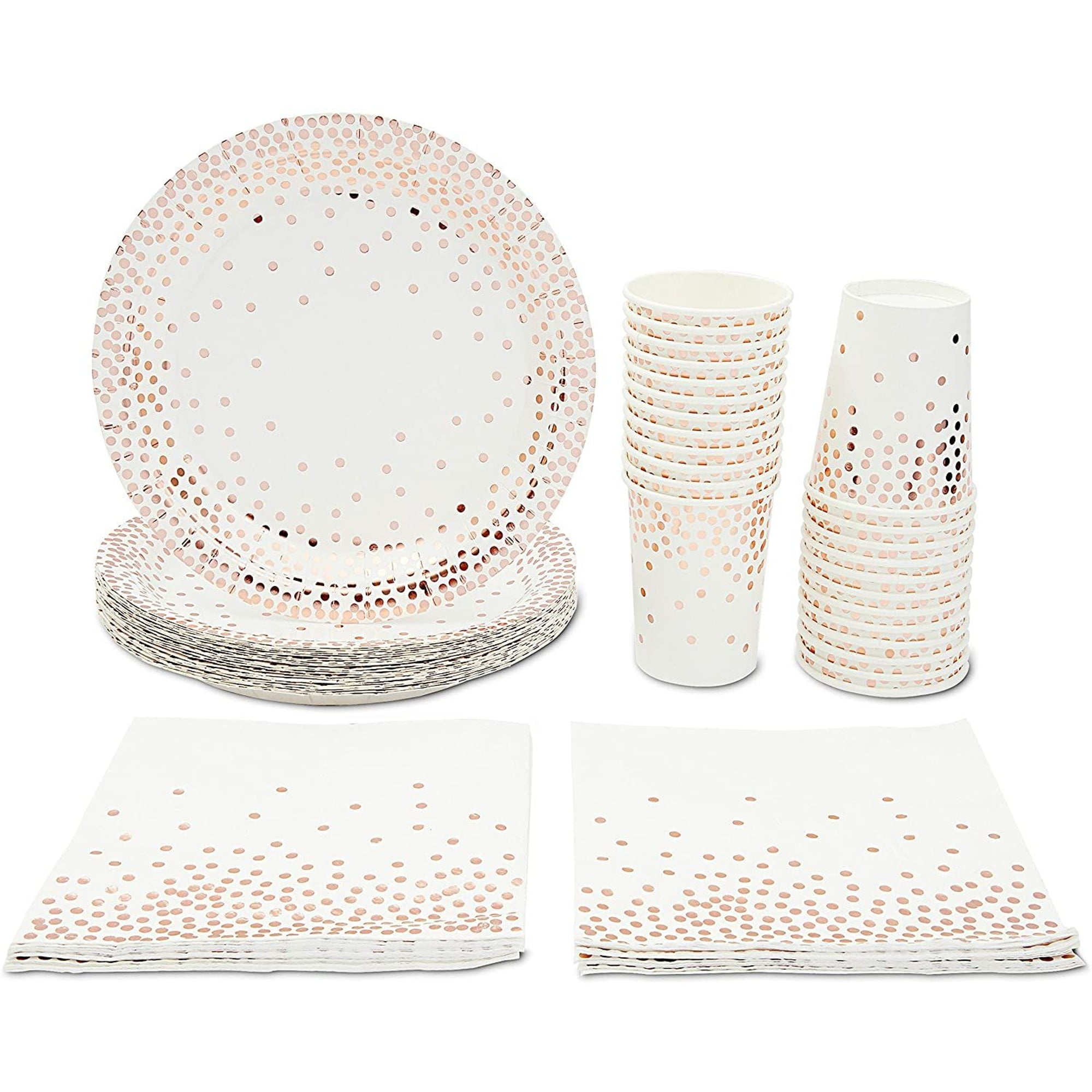 Serves 24 Rose Gold Party Supplies Decorations with Confetti Polka Dots Paper Plates, Napkins, Cups for Birthday Bachelorette Wedding Bridal Shower Baby Shower