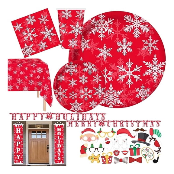 Serves 30 Complete Party Pack Holiday Merry Christmas Theme includes 30 Plates, 30 Cups, Napkins, Table Covers, 2 Banners, 1 Door Banner, Photo Props Ideal for Holiday party, Christmas Party Supplies