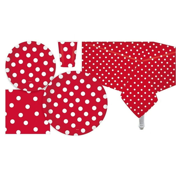 Serves 30 Complete Party Pack Red Polka Dot Party Supplies 9" Dinner Paper Plates 7" Dessert Paper Plates 9 oz Cups 3 Ply Napkins 2 Red Polka Dot Table Cover Size: 54" x 108" Y102