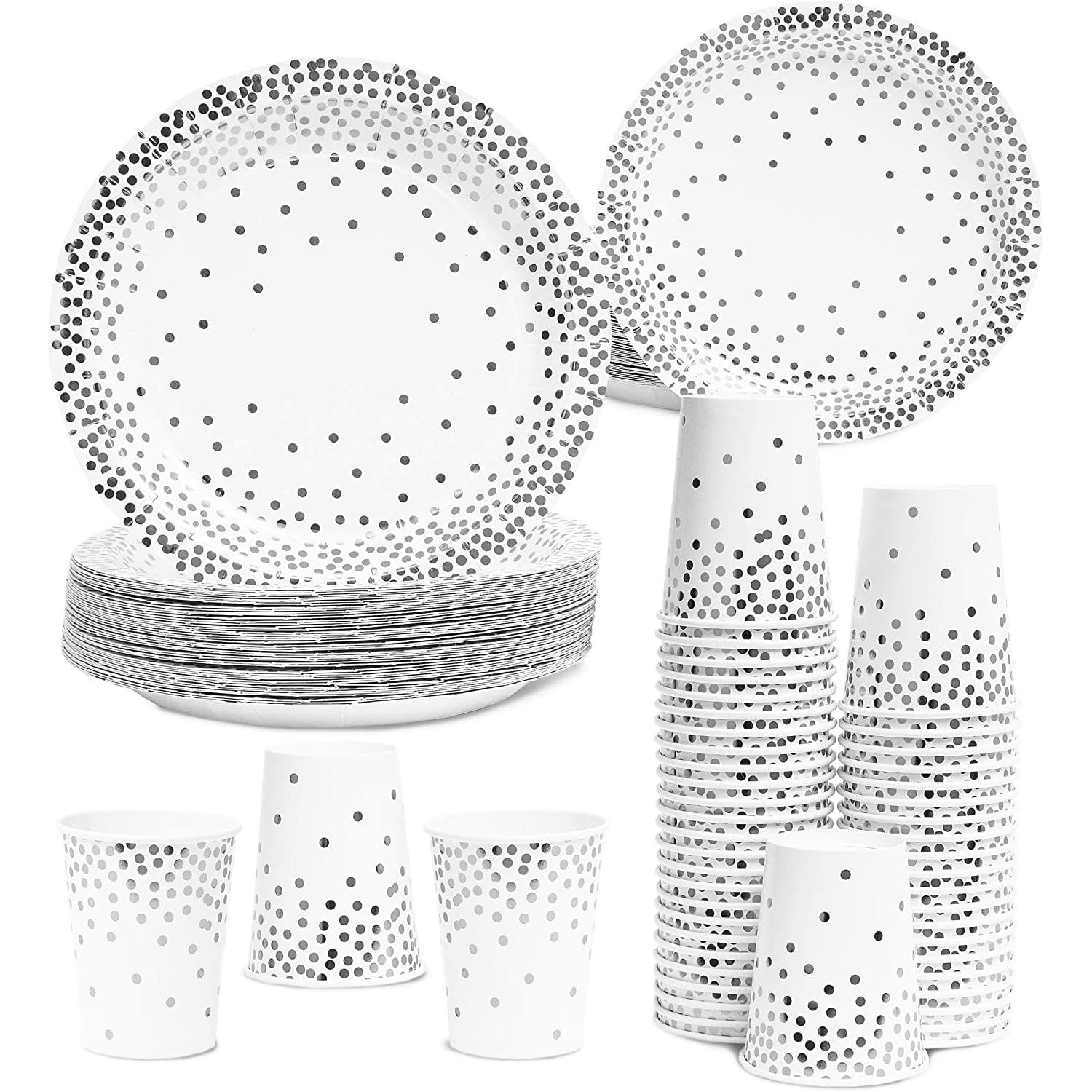 Serves 50 Silver Party Supplies - 150 Piece Disposable Paper Dinner Plates, Dessert Plates and Cups for Wedding, Birthday Party Table Decorations