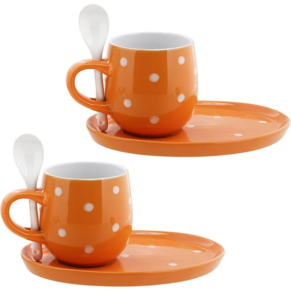 Servette Home 2 Orange Ceramic Polka Dot Coffee Mugs Sets with Plate and Spoon - 11oz