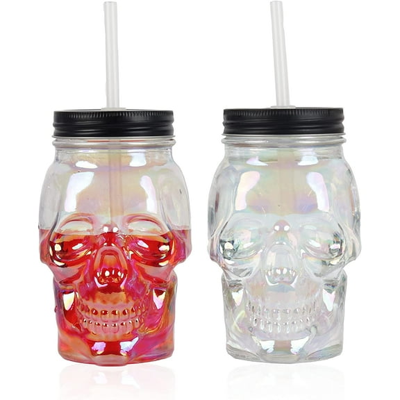 Servette Home 2 Pack Iridescent Skull Shaped Glass Mason Jar with Lid and Straw - 16 oz