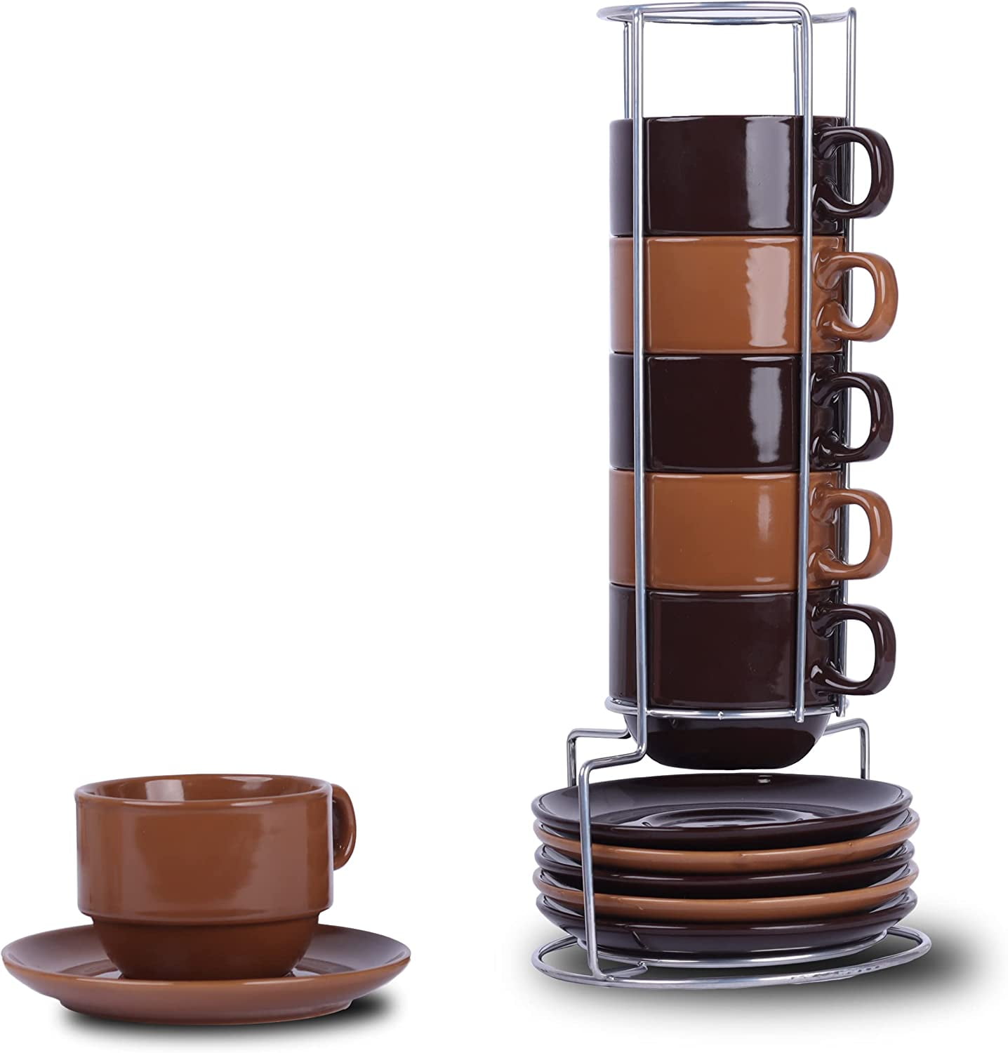 Servette Home Ceramic Stackable 5oz Espresso Coffee Cups with Saucers and Stand-Set of 6 (Brown Tan)
