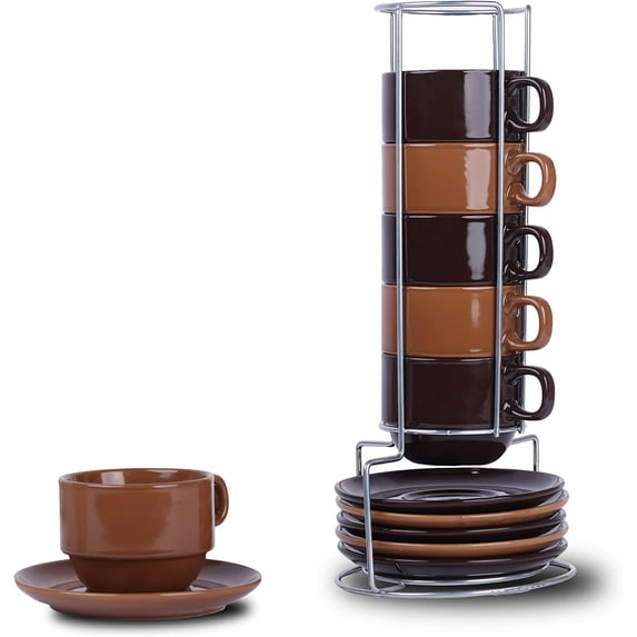 Servette Home Ceramic Stackable 5oz Espresso Coffee Cups with Saucers and Stand-Set of 6 (Brown Tan)