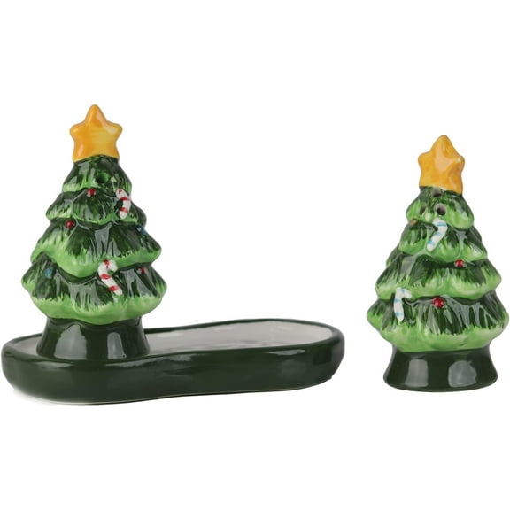 Servette Home Christmas Holiday Salt and Pepper Shaker Set with Stand - Green Christmas Trees