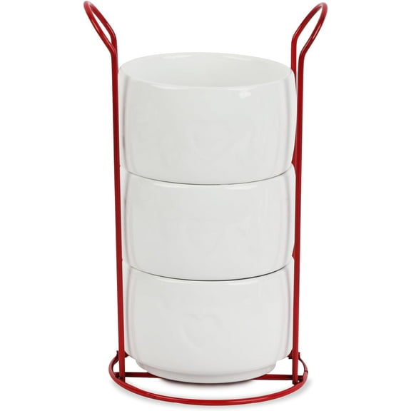 Servette Home Dolomite Ceramic Bowls with Heart Design, 3-Tier Stackable Set, 8oz Capacity, Red Rack