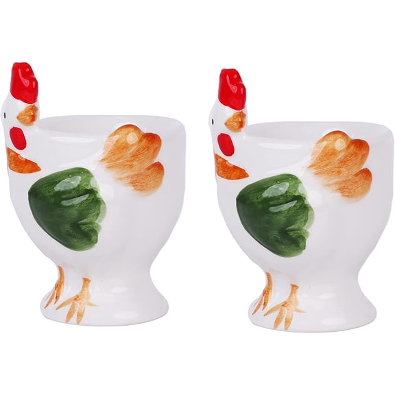 Servette Home Egg Cup Cute Ceramic Soft Boiled Egg Holder - Set of 2 - White Chickens