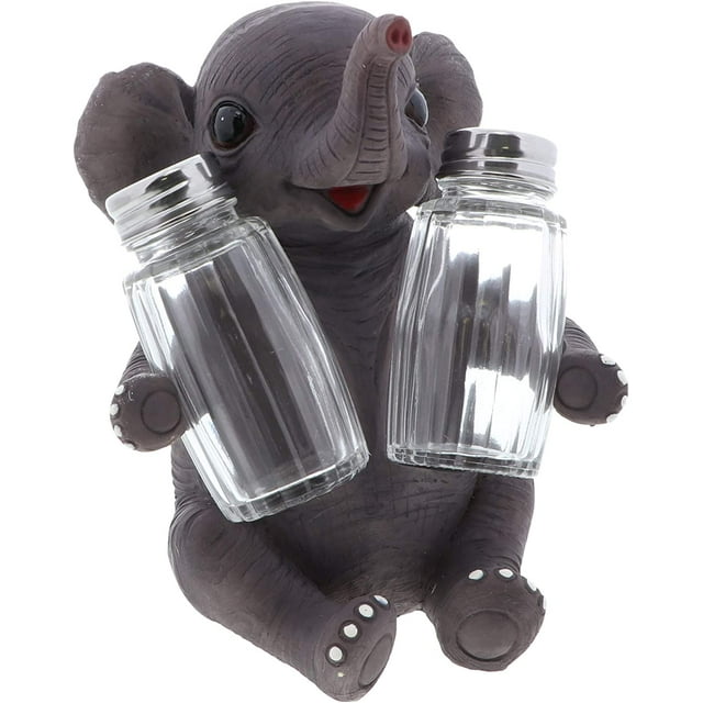 Servette Home Jungle Animals Kitchen Décor Novelty Salt and Pepper Shaker Set with Holder - Baby Elephant