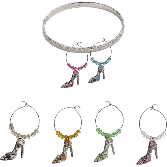 Servette Home Metal Glass Markers Tags - 6 Wine Glass Charms with Bottle Ring