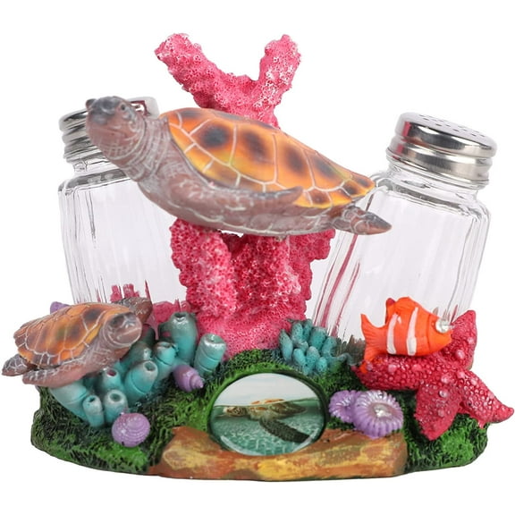 Servette Home Salt and Pepper Shakers Colorful Coral and Sea Turtles Salt Shakers Set with Stand