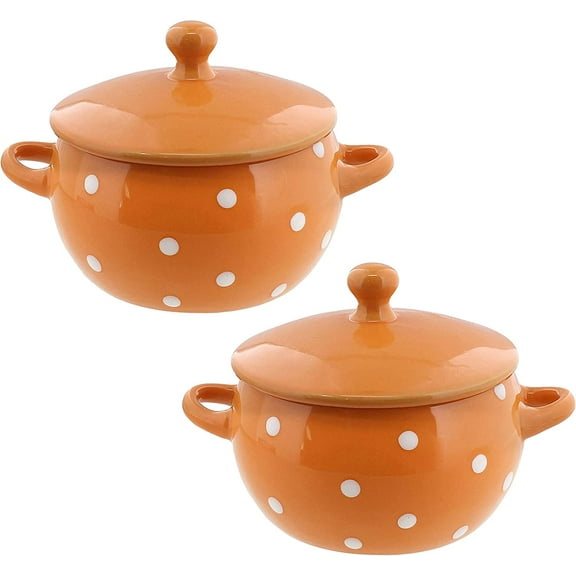 Servette Home Soup Bowls with Handles and Lids Ceramic Polka Dot Set of 2 Orange
