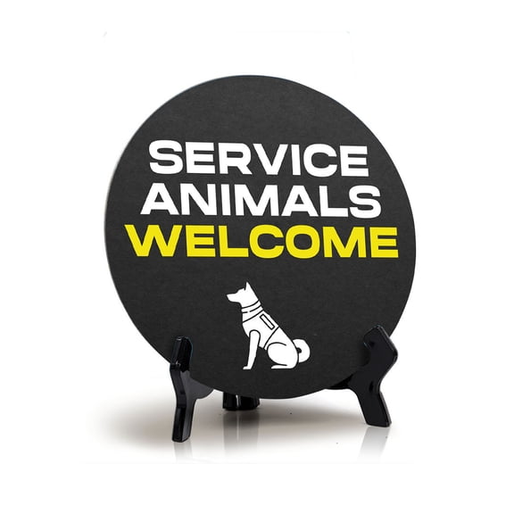 Service Animals Welcome Circle Table Sign with Acrylic Stand (5x5") | Public Spaces Signage