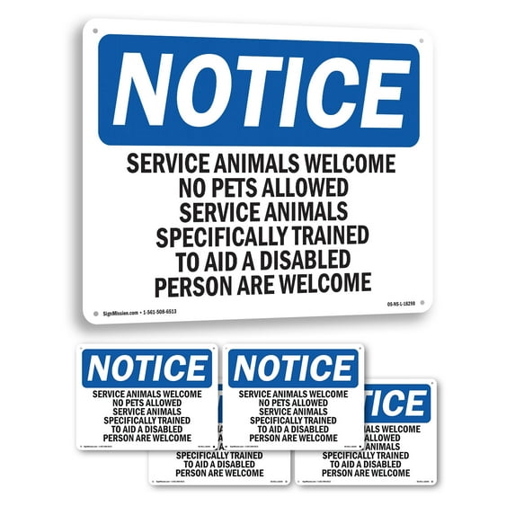 Service Animals Welcome No Pets Allowed OSHA Notice Aluminum Sign 10 Inch x 7 Inch - 5 Pack