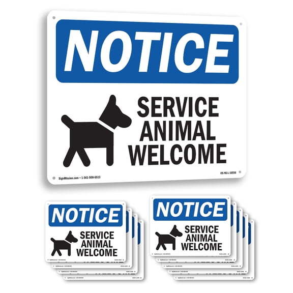 Service Animals Welcome OSHA Notice Rigid Plastic Sign 10 Inch x 7 Inch - 10 Pack