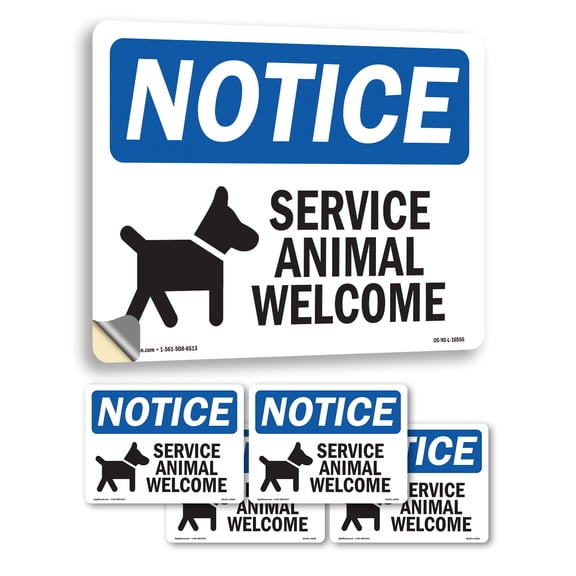 Service Animals Welcome OSHA Notice Vinyl Decal Label 14 Inch x 10 Inch - 5 Pack