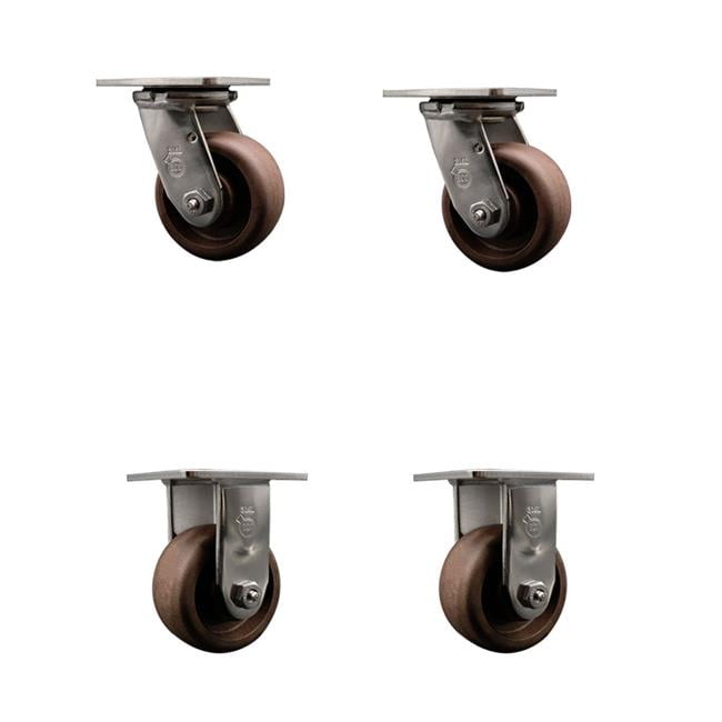 Service Caster SCC-SS31630S420-GFNRHT-2-R-2 316 Stainless Steel Heavy Duty Swivel Caster with 4 in. High Temperature Glass Filled Nylon Wheels - 2400 lbs Total Capacity - Set of 4