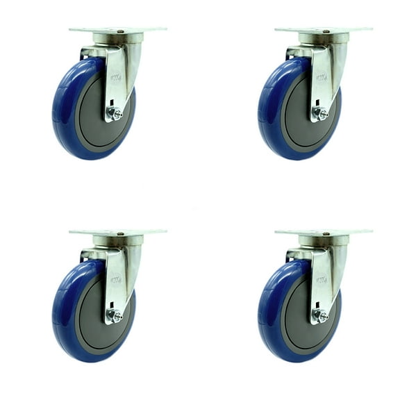 Service Caster - Universal Kitchen Casters - 5" Blue Poly Wheel - 4 Swivel