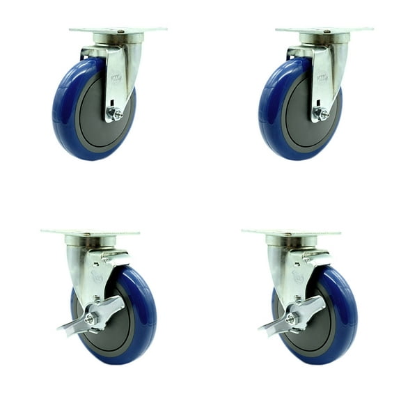Service Caster - Universal Kitchen Casters - 5" Blue Wheel - 2 Swivel 2 w/Brakes