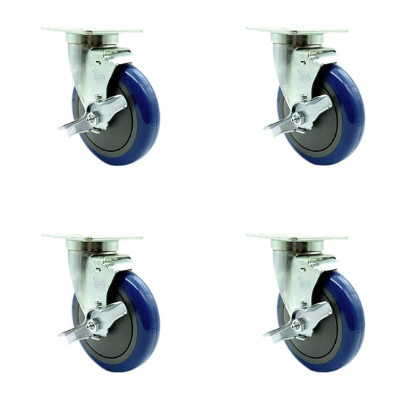 Service Caster - Universal Kitchen Casters - 5" Blue Wheel - 4 Swivel w/Brake